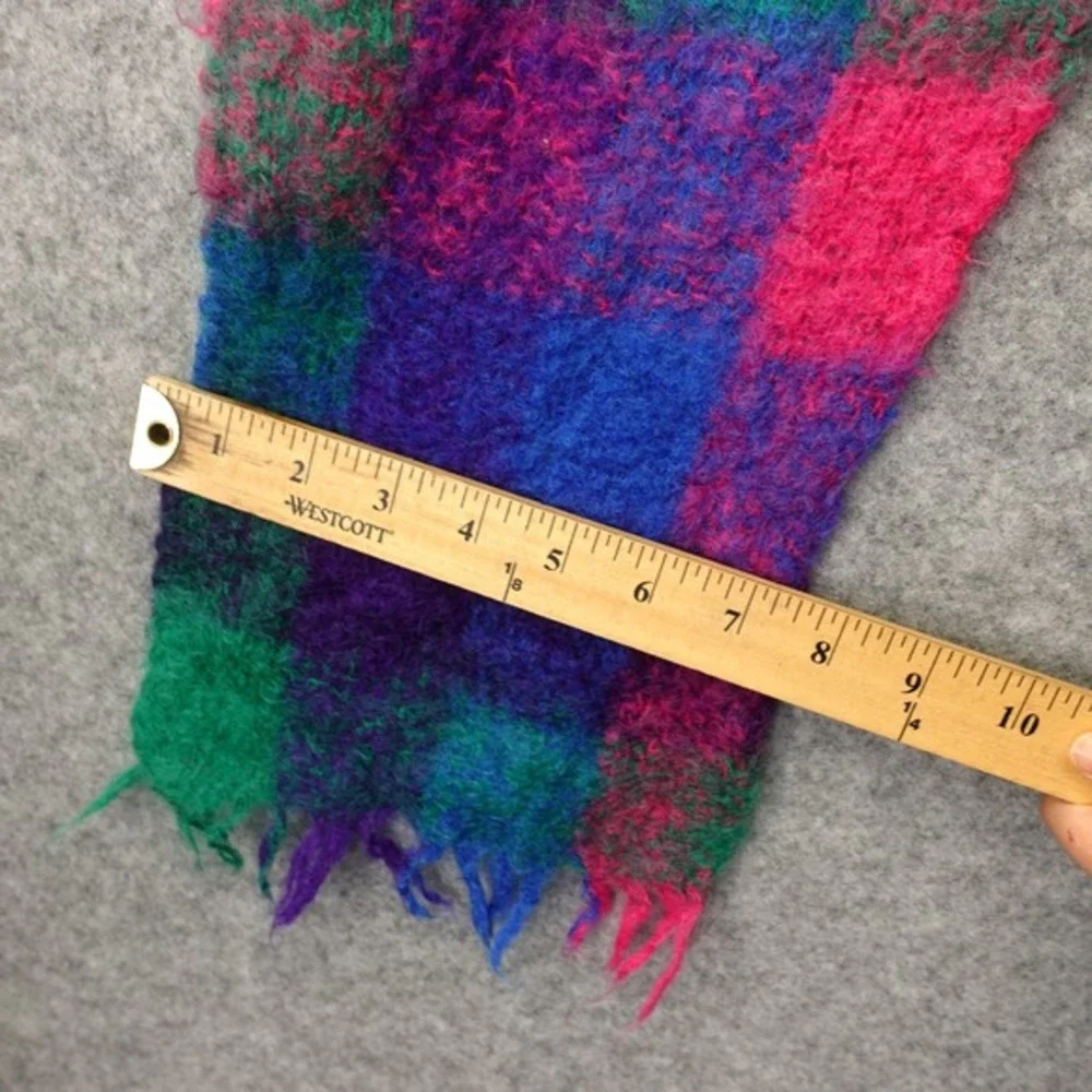 Vintage Mohair Block Plaid Scarf‎ Pink Blue Green Retro Fringe Fuzzy Light 7x52